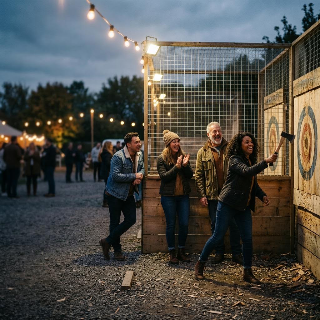 Guests enjoying an axe throwing activity at an event